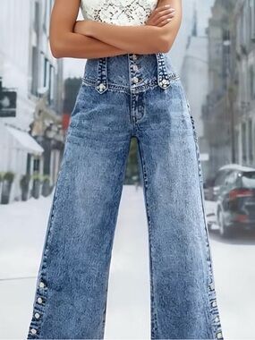 New High-Rise Wide-Leg Acid Wash Denim Jeans - Blue
